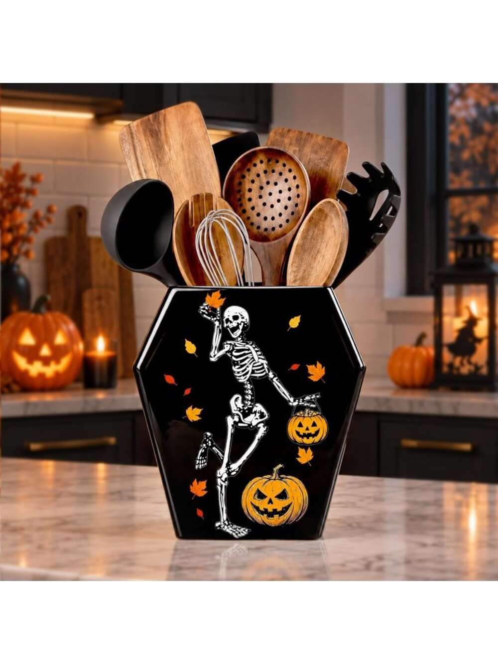 🎃 Black Halloween Ceramic Utensil Holder Coffin Shape Cooking Tool Skeleton